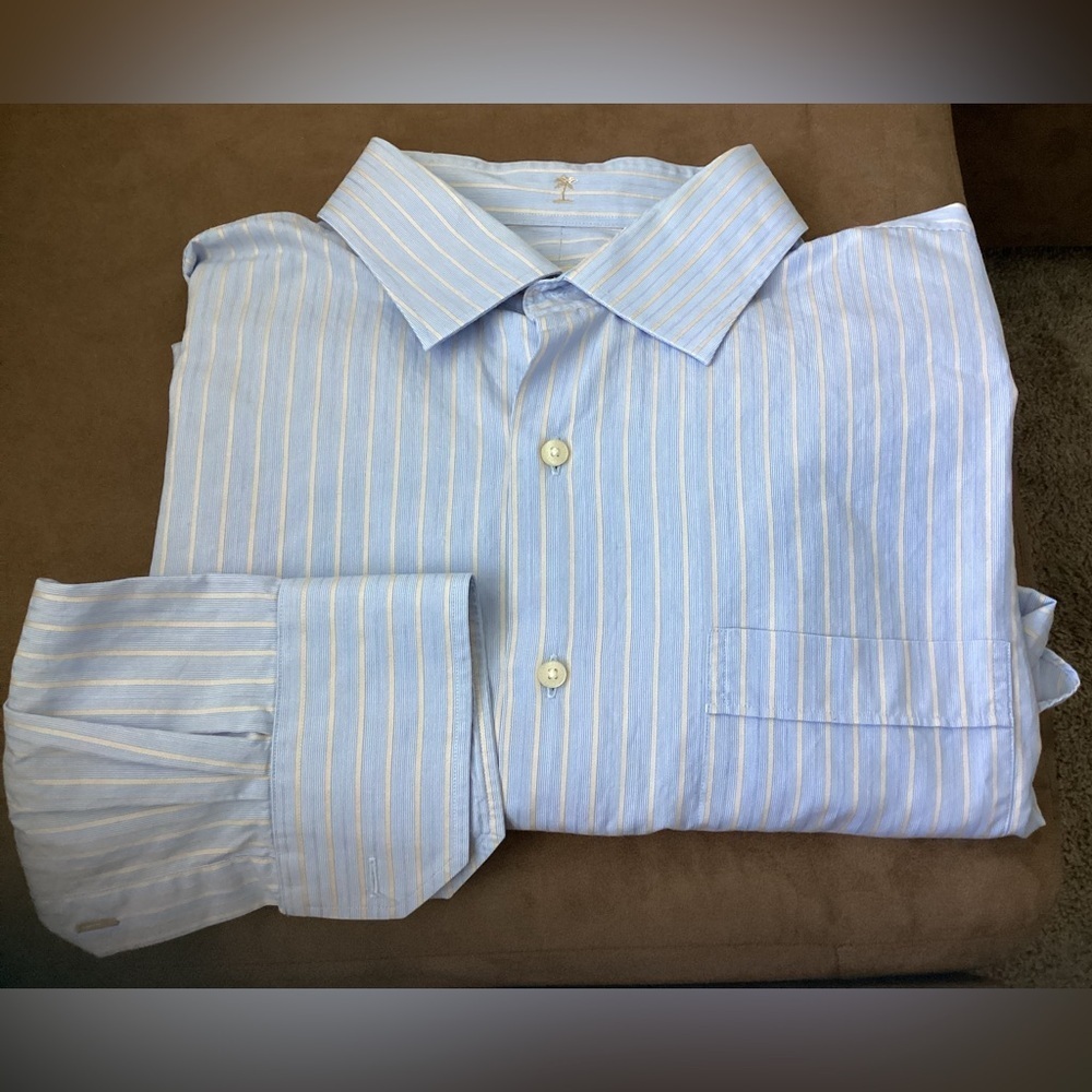 Tommy Bahama Men's Blue Striped Long sleeve shirt 17.5. 34-35 pocket cotton